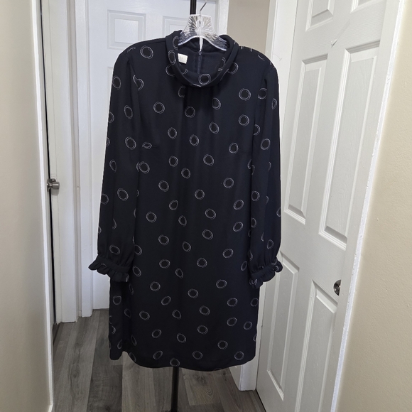 Hobbs Black Dotted Dress | Elegant Shift Midi | Ruffle Sleeve - Picture 2 of 8